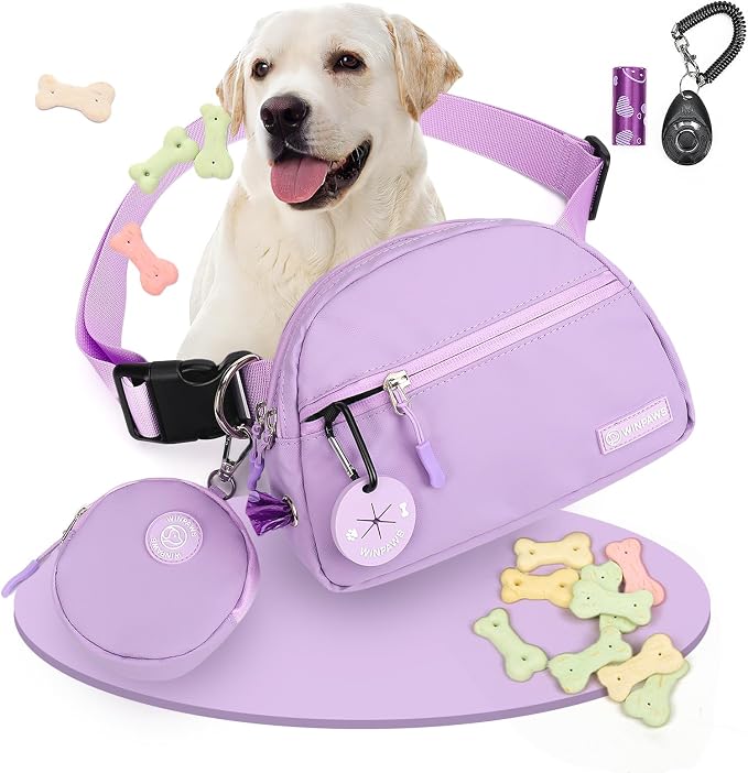 Dog Treat Pouch Pet Training Walking Fanny Pack with Built-in Poop Bag Dispenser & Waste Bag Holder | Stylish Puppy Training Essentials Supplies | Free Dog Clicker (Lavender)