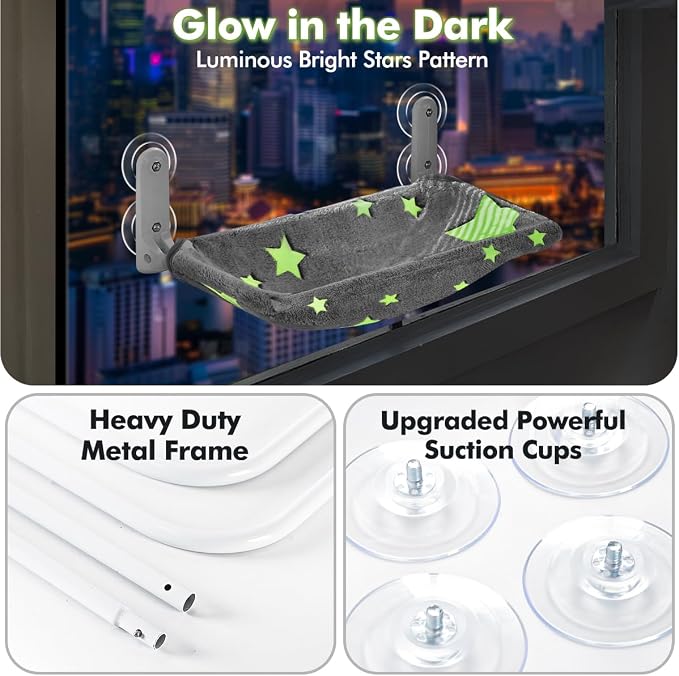 Zoratoo Glow in the Dark Cat Window Perch, Foldable Cordless Pet Hammock, M | Glowing Stars Fabric, Sturdy Metal Frame, Removable for Machine Wash, Comfortable Sunken Design Resting Seat for Indoor Cats