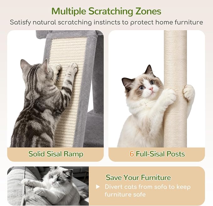 Globlazer 77in Cat Tree Tower for Indoor Cats Large Adult, F77, Light Grey | Heavy Duty Multi-level Climbing Tower with 6 Scratching Posts & Board, 2 Roomy Condos, 2 Padded Perches, 3 Sturdy Baskets