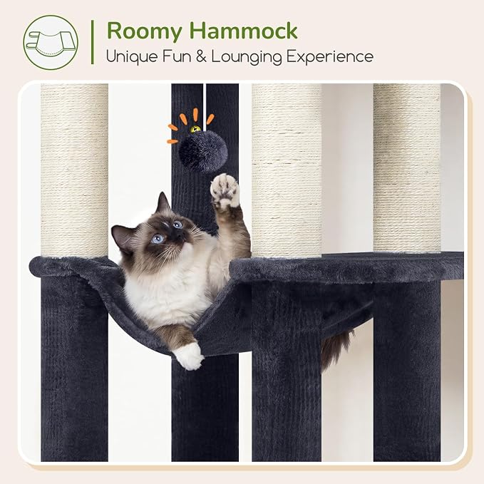 Globlazer F65D Corner Cat Tree Tower with Scratching Posts, Dark Grey | 65in Multi-Level Large Cat Scratching Tower with Hammock, 6 Scratching Posts, Basket and 2 Perches for Indoor Multiple Cats