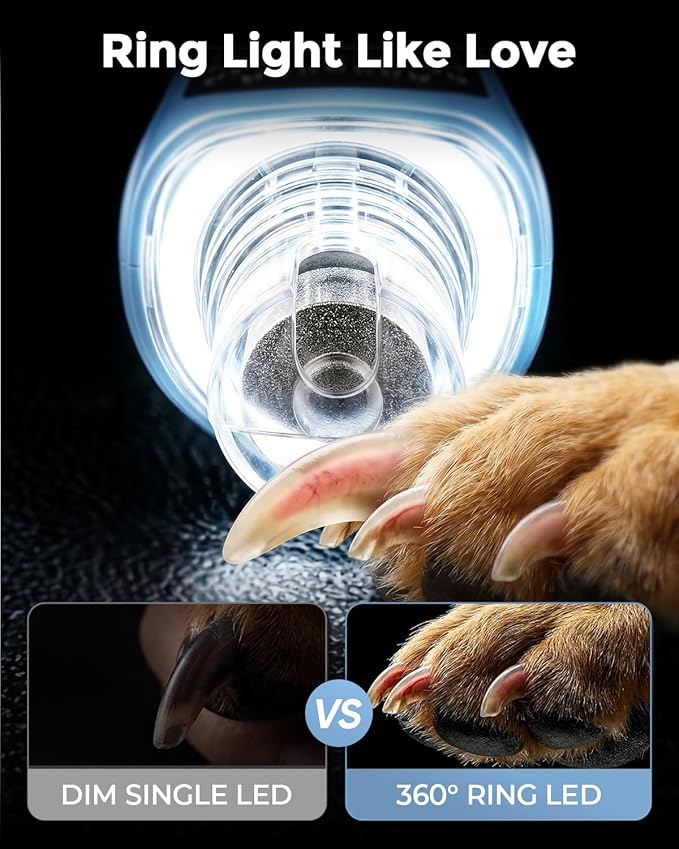 7-Speed Dog & Cat Nail Grinder with Light - Ring LED Safe to Avoid Overcut, Quiet Low Vibration & Powerful Fast, Cordless Rechargeable Toenail Trimmer for Small & Large Puppy & Breeds Paws(White)