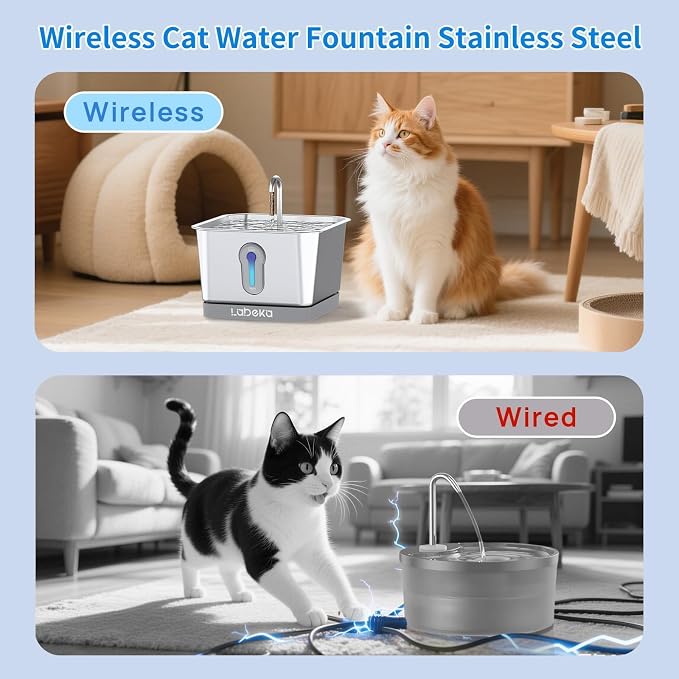 135oz/4L Wireless Cat Water Fountain, [304 Stainless Steel]&[Water and Electricity Separation Safety Design], Pet Fountain for Cats Inside, Easy to Clean for Cats and Dogs (Silver+2Filters)