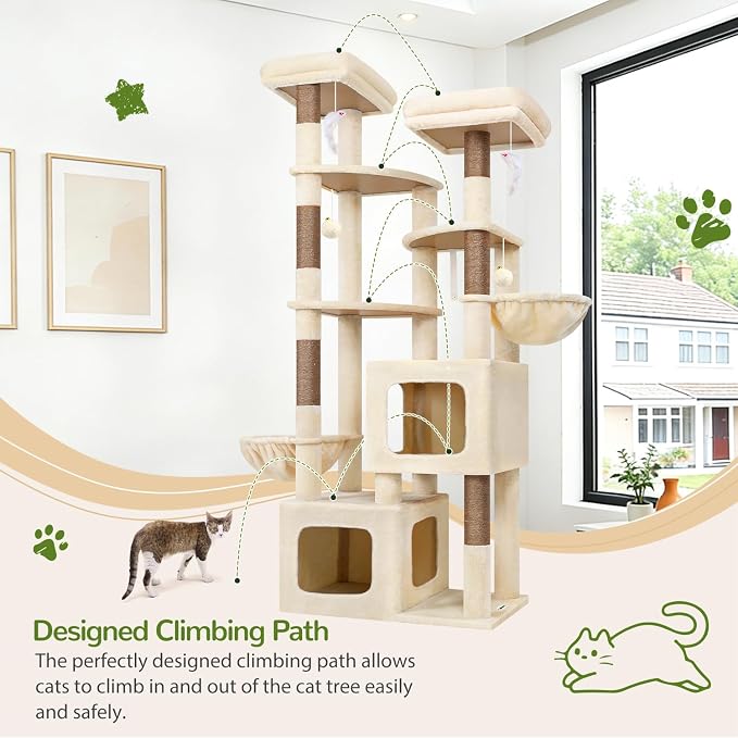 Globlazer S74E Pro Heavy Duty Maine Coon Cat Tree for Large Cats, Beige | 74in Sturdy Multi-Level Tall Cat Tree Tower for Indoor Adult Cats with Scratching Posts, 2 Cat Condos, 2 Top Perches