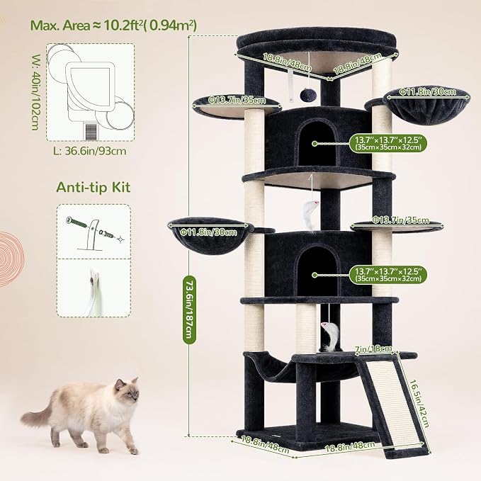 Globlazer 73in Corner Stable Cat Tree for Indoor Cats, C73, Dark Grey | Space-Saving Multi-Level Climbing Tower, Large Fan-Shaped Condos & Top Perch, 8 Full-Sisal Posts & Board, Metal Baskets