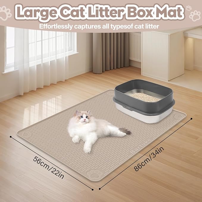 Silicone Cat Litter Mat for Litter Box 34”x22” Large Cat Mat, Khaki | Waterproof, Non-Slip, Leak-Proof Rug Mat with Lip, Easy to Clean, Extra Large Litter Catcher Mat for Floor
