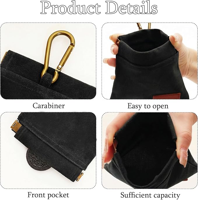 Dog Treat Pouch Black Pocket Sized Pet Training Pouch Training Pouch with Carabiner Buckle Auto Closing Dog Walking Bag Pet Feed Snack Reward for Pet Puppy Travel Outdoor Use