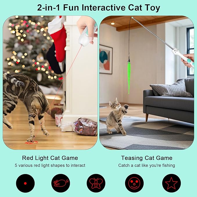 TBTeek Cat Toy, 2in1 Light and 22" Retractable Pole with Feather, Rechargeable, 5 Modes, Interactive Wand Toy for Indoor Cat Kitten Dog 3 Refills | with Light and 22" Retractable Pole with Feather,Rechargeable,5 Modes, 2in1 Interactive Wand Toy 3 Refills