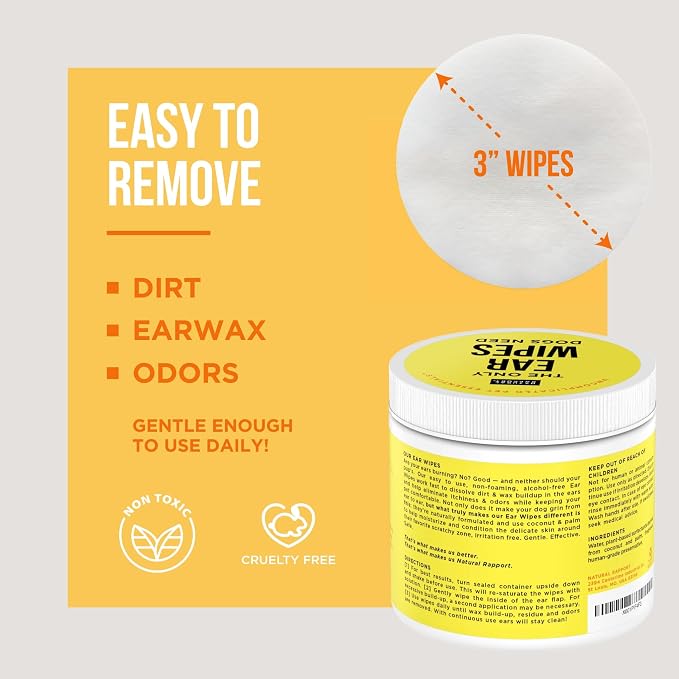 Dog Ear Cleaner Wipes, Gentle Wax & Debris Wash, 100 Ct | Gentle patented wipes & drops, safe for puppies - Cleans wax, dirt & odor - For all dogs and cats