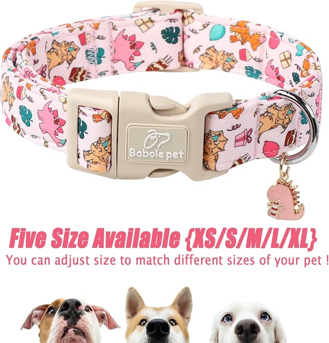 Cute Dinosaur Dog Collar, Adjustable Pink Dino Dog Collars for Medium Dogs, Lightweight Quick-Release Buckle Birthday Collar for Boy&Girl Dogs M