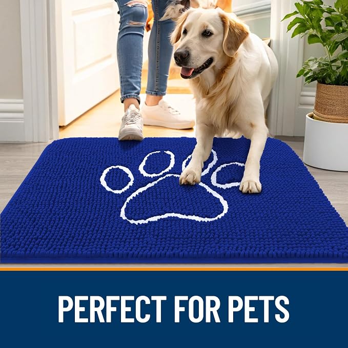 OLANLY Dog Door Mat for Muddy Paws 30x20, Paw Print Design Chenille Mud Mat | Royal Blue, Absorbent, Traps Moisture and Dirt, Non-Slip Washable Doormat, Quick-Drying Indoor Entryway Floor Carpet for Dogs