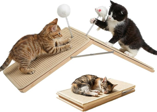 Cat Scratcher, Cat Sisal Scratching Ramp, Foldable Wooden Scratching Board with 2 Spring Plush Toys, Triangle Kitten Ramp Protect Furniture, Solid Non-Slip Scratch Pad for Indoor Multiple Pets