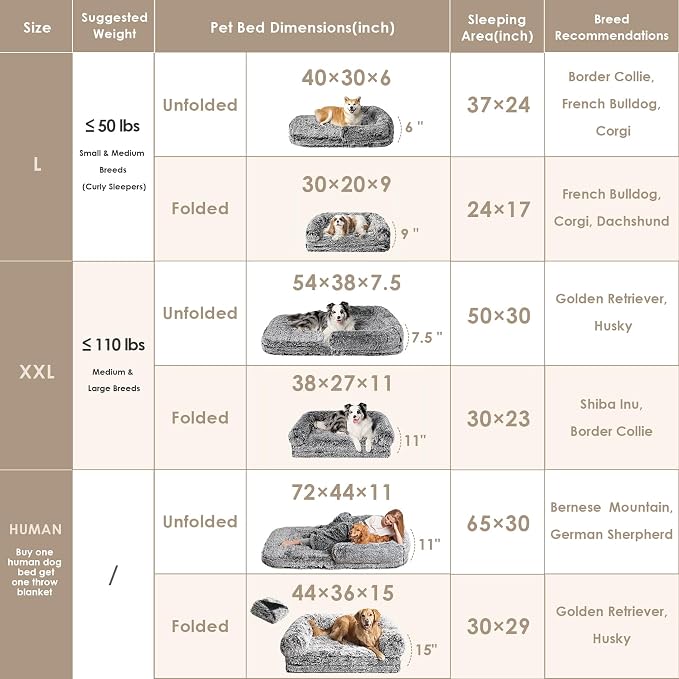 EHEYCIGA Foldable Human Dog Bed, 72"x44"x11" Orthopedic Memory Foam Human Sized Dog Bed, Waterproof Pet Bed for People, Faux Fur Pet Couch for Adult with Non-Slip Bottom, Faded Black
