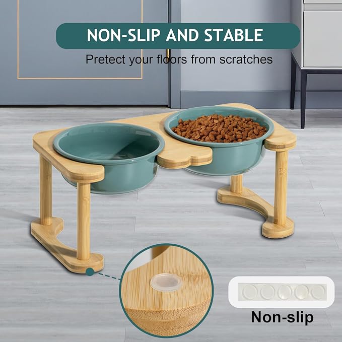 Ceramic Elevated Dog Bowls, Raised Pet Food and Water Bowl Set, Dark Green | Feed Tray For Small and Medium Breeds, 6.9" Wide Double Modern Porcelain Bowls, 6.3" High Wooden Stand, Non-Slip, 28Oz/800ML