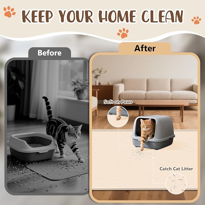 Cat Litter Mat for Litter Box 42" x 28", Large Silicone Mat, Beige | Waterproof Litter Trapping Mat with Residue Collection Pocket, Raised Edge, Non-Slip Pet Placemat for Floors