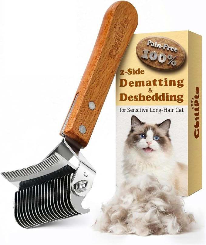 2-in-1 Deshedding & Dematting Brush for Long Haired Cats | Double-Sided Undercoat Rake for Shedding, Efficiently Removes Loose Hair & Tangles, Safe Detangler for Matted Fur