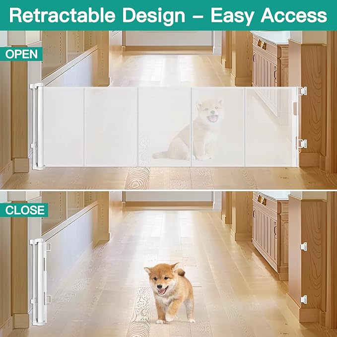 20 Inch Tall x 80 Inch Extra Wide Retractable Dog Gate for Large Openings, Easily Step Over Pet Gate, Short Dog Gate for Doorways Small Puppy Gate for Stairs Reinforced Mesh Gates Doggie Gates (White)