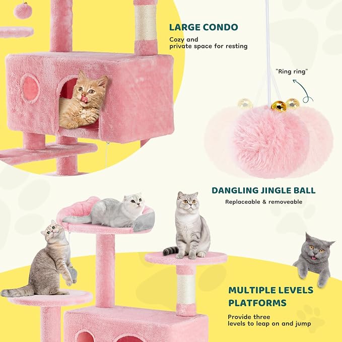 DUMOS 54 Inch Cat Tree Tower with Scratching Posts, Indoor Use | Multi-Level Pet House for Large Cats with Round Platform, 2 Condos, Small Ladder and Toys, Pink