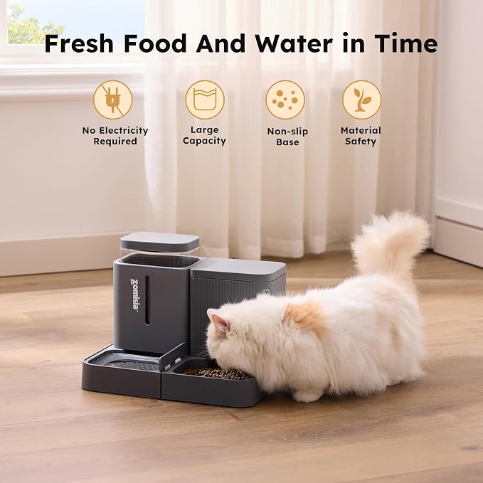 ZOMISIA Gravity Cat Feeder and Water Dispenser, 2 in 1 Automatic Cat Feeder with 180 Degree Rotatable, 2 Pack Large Capacity Self Feeding for Small Medium Dog Puppy Kitten, Grey, 0.8 Gallon x 2