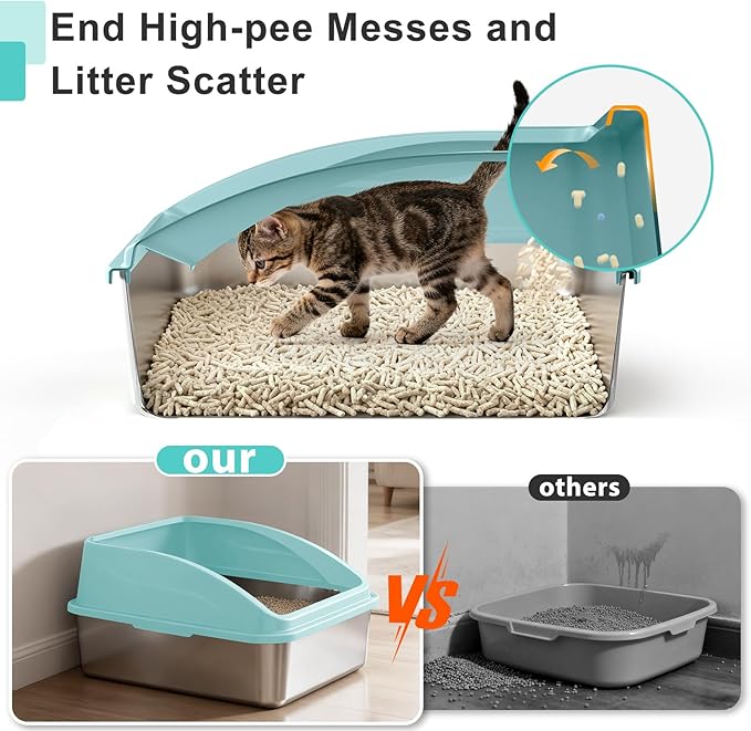 AIPERRO Stainless Steel Litter Box | XL Enclosed Cat Litter Boxs with Lid for Big Cats | High Sided, Anti-Urine Leakage | Non-Stick Bottom & Includes Litter Mat & Metal Scoop (Turquoise, X-Large)