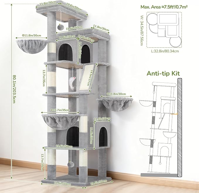 Globlazer 80in Extra Large Tall Corner Cat Tree Tower, S80G, Light Grey | Multi-Level Cat Condo for Multiple Indoor Cats Large Adult Kittens, Scratching Posts, Widened Perches, Adjustable Baskets