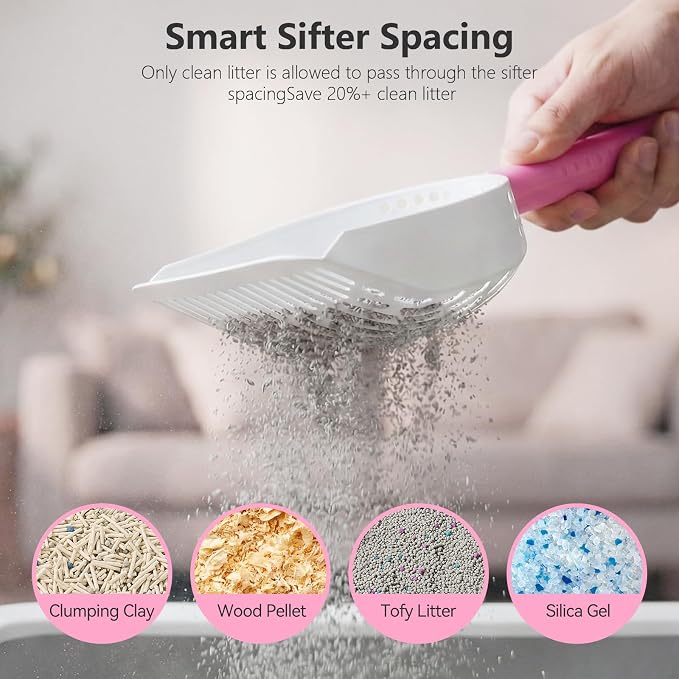 Cat Litter Scoop with Holder, 3 in 1 Metal Kitty Scooper, Heavy Duty Deep Litter Sifter with Dustpan & Mini Broom, Dual Coarse & Fine Grid, Quick Sift, Universal for All Cat Litter