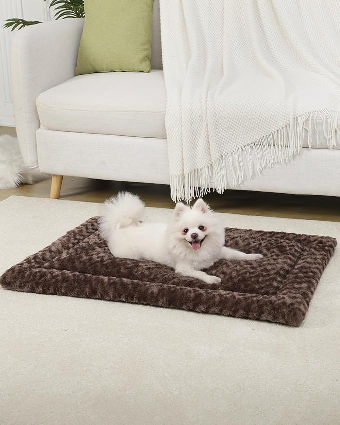 Exsnugy Washable Dog Bed Mat Medium Size Fluffy Pet Crate Pad 30x19 | Non-Slip Bottom Kennel Beds Ultra Soft Comfy Sleeping Mattress for Large Medium Small Dogs Brown