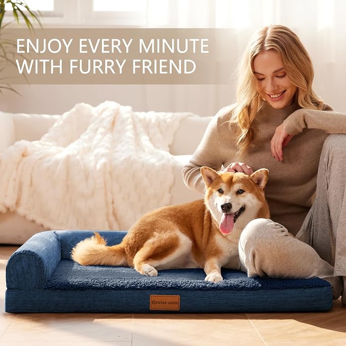 Patas Lague Orthopedic Large Dog Bed Washable Pet Sofa Bed 48X30 Navy Blue | 2-Sided Bolster Egg-Crate Foam Dog Couch Large Sized Dogs, Waterproof Removable Washable Cover, Nonskid Bottom Pet Crate Mat