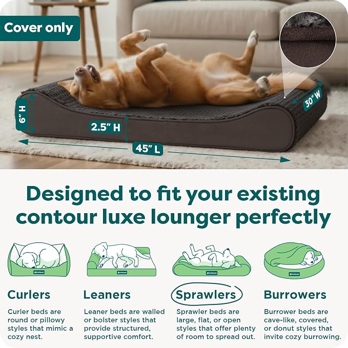 FurHaven Replacement Dog Bed Cover, Contour Luxe Lounger Design, Soft & Breathable Fabric for Cozy Comfort, Machine Washable, Jumbo XL, Ultra Plush Faux Fur & Suede, Chocolate