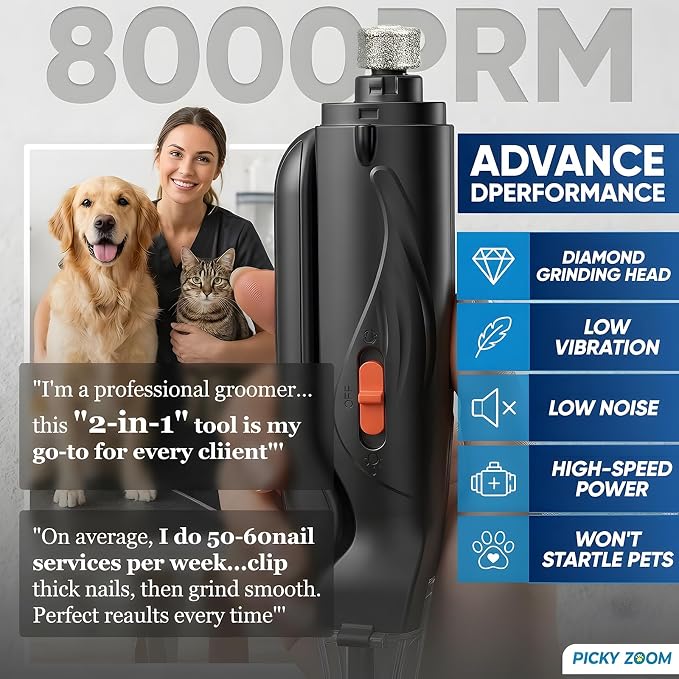 2-in-1 Dog & Cat Nail Clippers and Grinder with LED Light | Sharp Blade, Low-Noise Grinder, Safety Guard & USB Rechargeable Cordless Design for Small, Medium and Large Pets