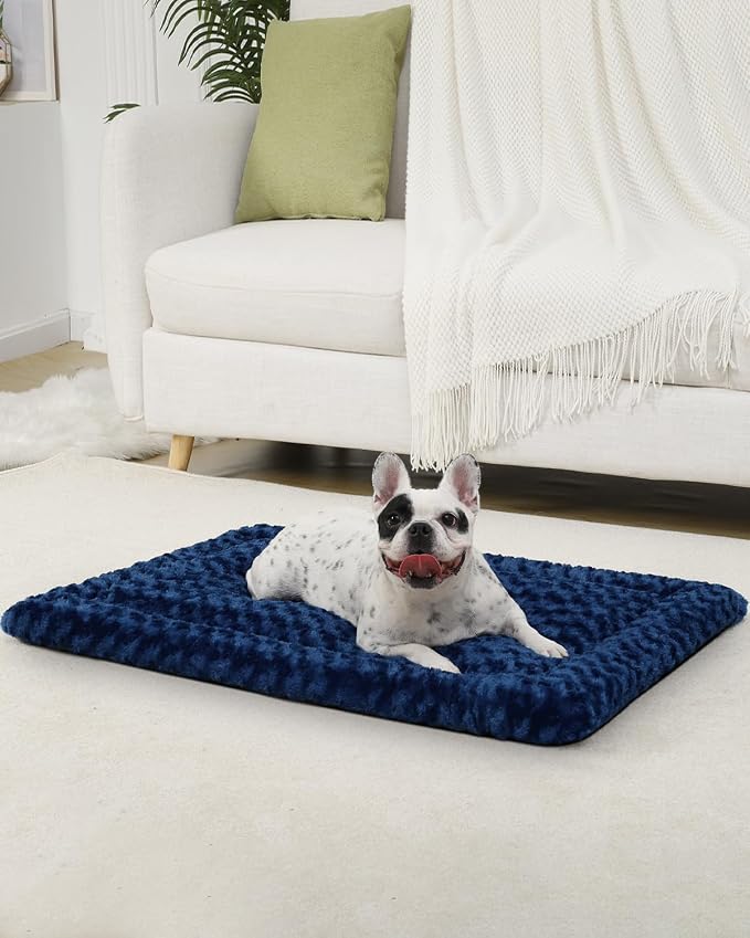 Exsnugy Washable Dog Bed Mat Medium Size Fluffy Pet Crate Pad 36x23 | Non-Slip Bottom Kennel Beds Ultra Soft Comfy Sleeping Mattress for Large Medium Small Dogs Blue