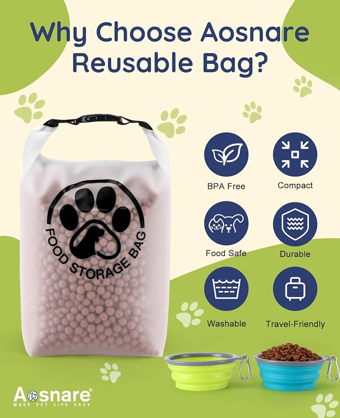 Pet Food Storage Bag for Travel - Transparent Leak-Proof Dog Food Container with Roll-Top Closure, Keeps Kibble Fresh for Camping Trip, Dog Boarding, Weekend Getaways (42 Cups+bowl)
