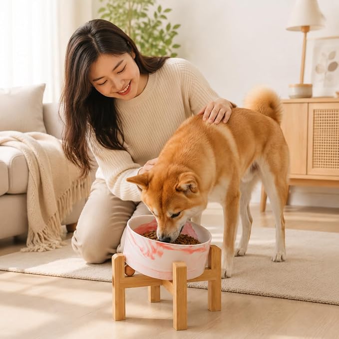 hjn Elevated Ceramic Dog Bowl 15°Slanted Raised Dog Bowl with Bamboo Stand for Small Medium Dogs and Cats, Pet Feeder -3.6-Cup (850ml)-Marble Pink