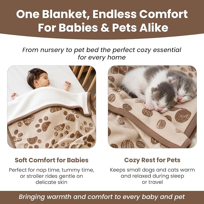 100% Organic Cotton Pet Blanket 30 x 38 in – Plush Double Layer Sherpa, Cozy Throw for Small Dogs, Cats & Baby – Earth Ivory/Mocha Meringue