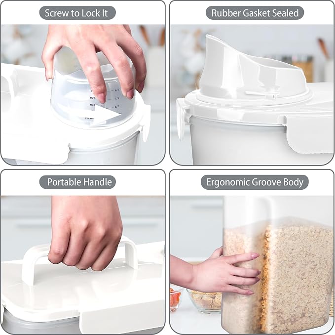 Rice Storage Containers, Airtight Cereal Containers Storage, with Pouring Spout Portable Handle for Flour, Pasta, Grain and Baking, Pet Dog Cat Bird Food Container 20lb White