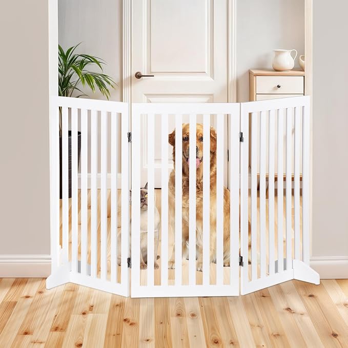 ZENY 36" H Pet Dog Gate, Foldable Freestanding Dog Door 3 Panel, Wooden Z Shape Step Over Pet Fence for Entryway, Stairs, Doorway, White