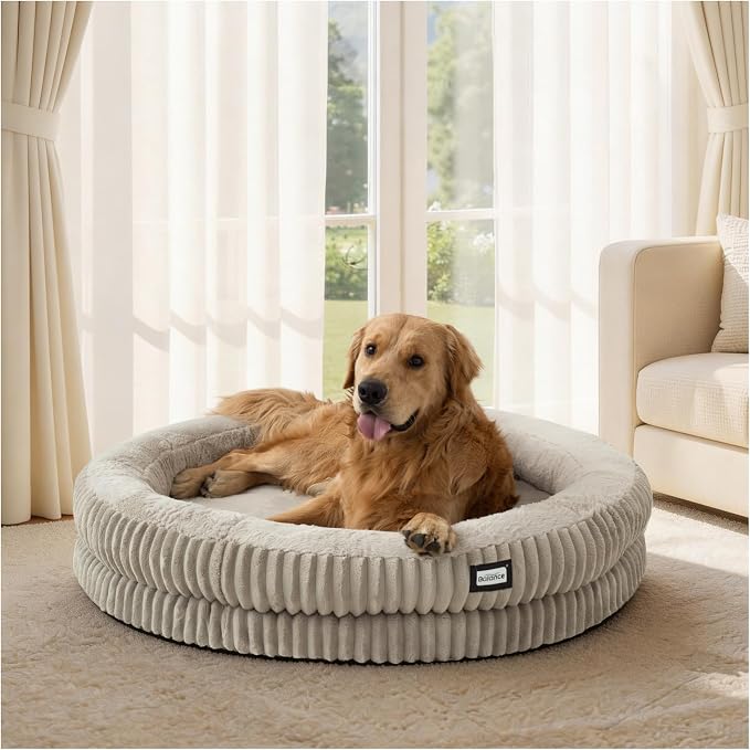 BALANCE Donut Dog Bed, 43 Inches Round Dog Bed Extra Large Size Dogs Washable, Orthopedic Calming Dogs Beds for Kitten, Fluffy Plush Faux Fur Pet Bed with Anti-Slip Bottom