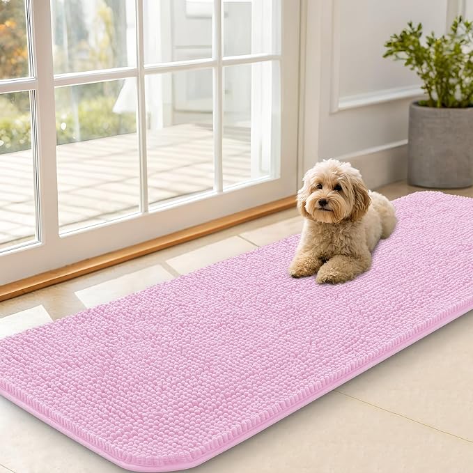 OLANLY Dog Door Mat for Muddy Paws 59x20, Super Absorbent Chenille Mud Mat | Pink, Absorbs Moisture and Dirt, Non-Slip Machine Washable Doormat, Quick-Drying Indoor Entryway Floor Carpet for Dogs