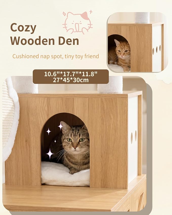 Heybly Cat Tree with Litter Box Enclosure, Modern 64" Hidden Tower HCT105BT | All-in-One Solid Wood Cat Condo for Indoor Cats with Paw-Shaped Board, Multi-Level Perch & Playzone, White Oak