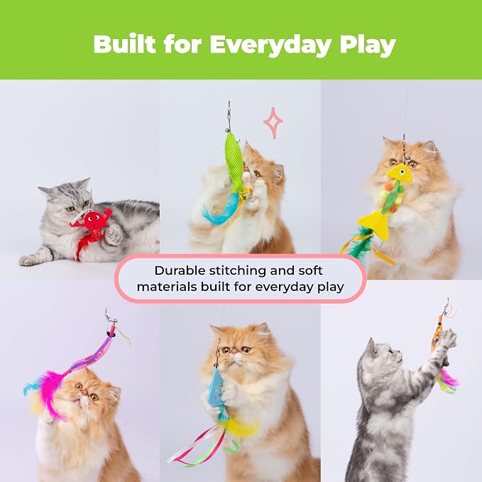 Catify Meow Chase Playset, Retractable Cat Wand Toy with 6 Feather Teaser Cat Toys Attachment, Flexible Cat Teaser Wand for Indoor Cats and Kittens, Cat Fishing Pole Style Toy for Exercise and Bonding