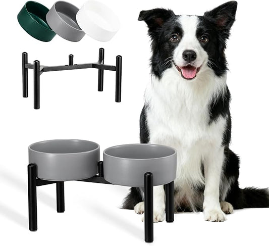 Dog Bowls Elevated - Ceramic Raised Dog Bowl with Non Slip Steel Stainless Stand - No Spill and Heated Feeding Station - Food and Water Dish Set for Medium to Large Pet - Each Holds 7.5 Cups – Grey