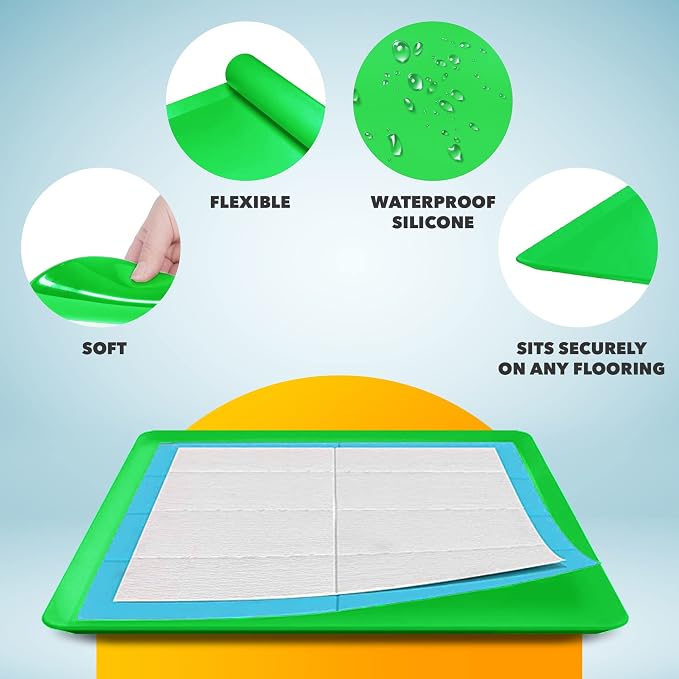 Skywin TidyFriend Travel Friendly Dog Pee Pad Holder Fits Up to 24” x 24” Wee Wee Pee Pads - Flexible Rollable Silicone Mat with Soft Edge - Quick Wipe & Potable Dog Pad Holder (Green)