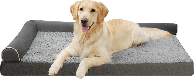 Orthopedic Plush L Shape Dog Bed,Large XL Sized Dog 42''X30''x7.5'' Soft Waterproof Egg Foam Pet Crate Beds Mat or Kennel Pads with Removable Washable Cover,Non-Slip Bottom,Grey