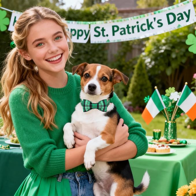 DOGWONG St. Patrick's Day Dog Collar with Bowtie, Green Plaid Bowtie Dog Collar for Small Medium Large Dogs,S