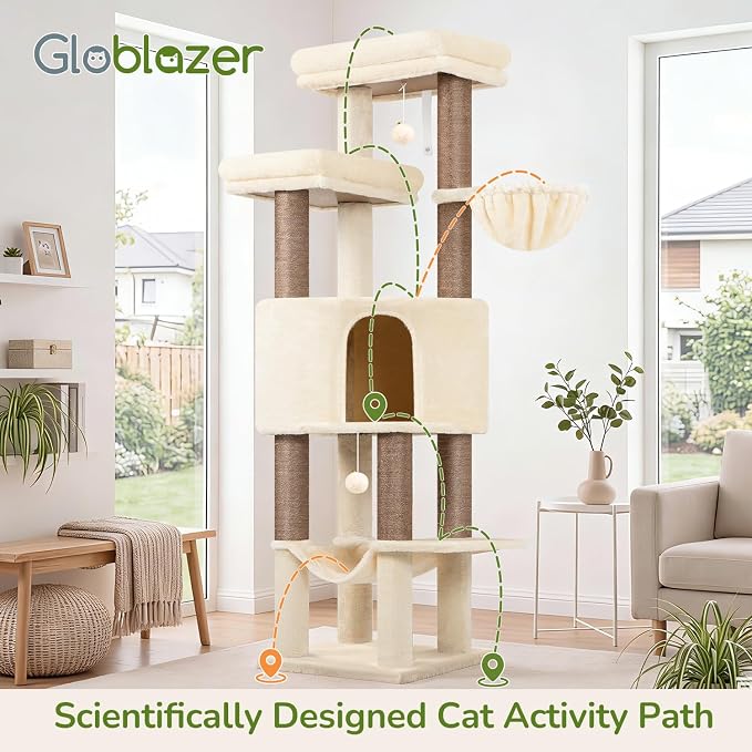 Globlazer F65D Corner Cat Tree Tower with Scratching Posts, Beige | 65in Multi-Level Large Cat Scratching Tower with Hammock, 6 Scratching Posts, Basket and 2 Perches for Indoor Multiple Cats