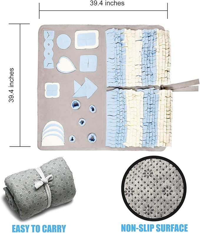 Snuffle Mat for Dogs: Slow Food Interactive Experience - 7 Enrichment Foraging Games for Large Dog Owners Needing to Burn Pet Energy - Washable 1000 Times - 38x38 inch - Grey