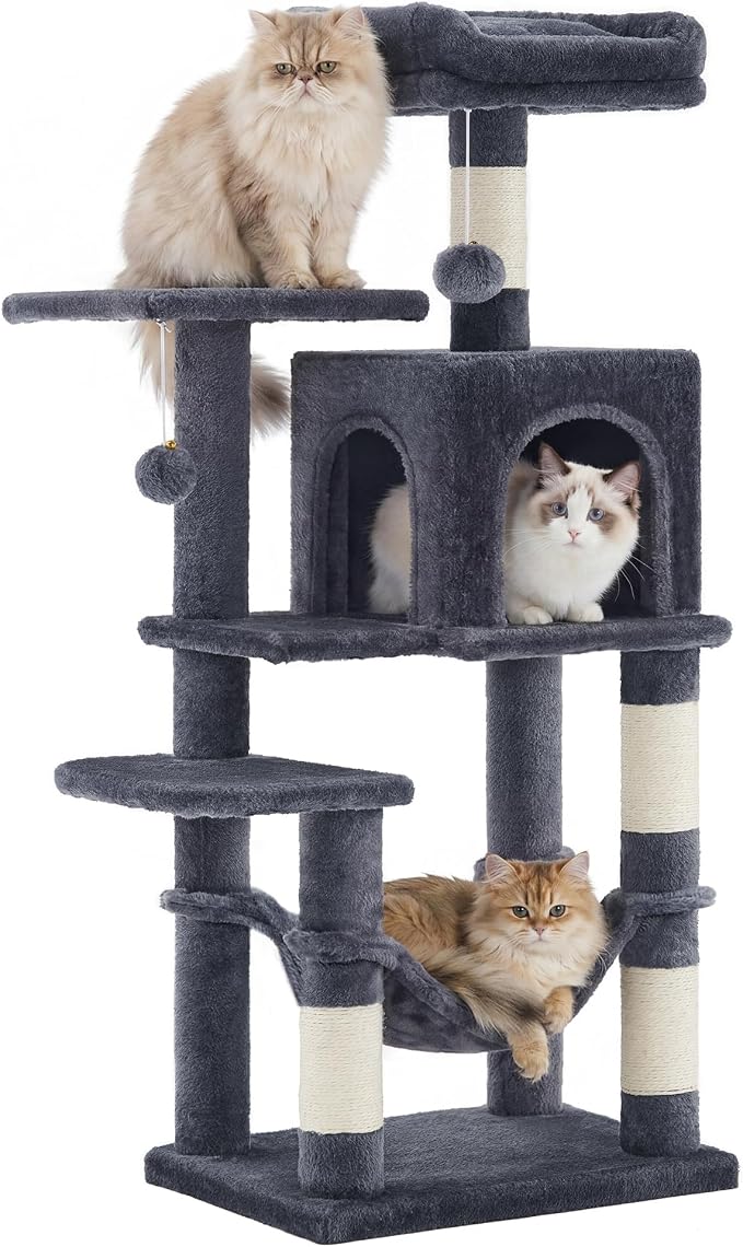 SONGMICS HOME Cat Tree for Indoor Cats, Multi-Level Tower Condo with Sisal Scratching Posts, Hammock and Condo, Dark Gray