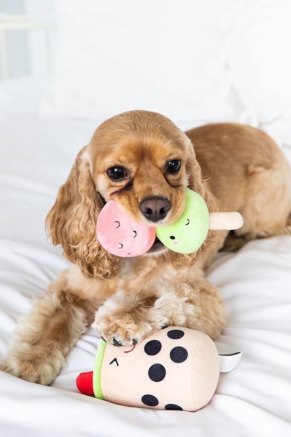 Pearhead Boba Tea and Mochi Plush Dog Toys, Novelty Fun Pet Toy Set, Durable Stuffed Toy for Interactive Play, Bubble Tea Themed Pet Supplies, Set of 3 Toys
