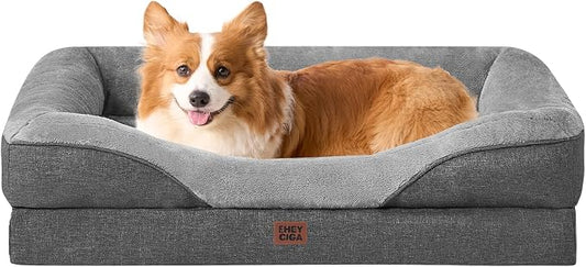 EHEYCIGA Orthopedic Dog Bed for Medium Dog, 35x22 Inch Memory Foam Dog Couch Bed with Sides, Waterproof Liner & Washable Removable Cover, Bolster Pet Sofa, Grey