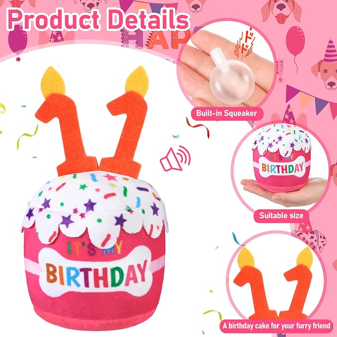 Dansydaisy Dog Birthday Cake Toy Squeaky Plush Toy for Girl Boy Gifts, Chew Accessories for Dog Birthday Party Decor Favor for Large, Medium and Small Dogs(11th,Pink)
