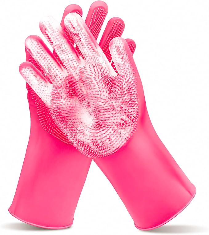 Pet Grooming Gloves—Dog Washing Gloves with High-Density Teeth, Dog Bath Scrubber with Enhanced Five Finger Design, Silicone Gloves for Dogs and Cats Bathing, Massage (Hot Pink)